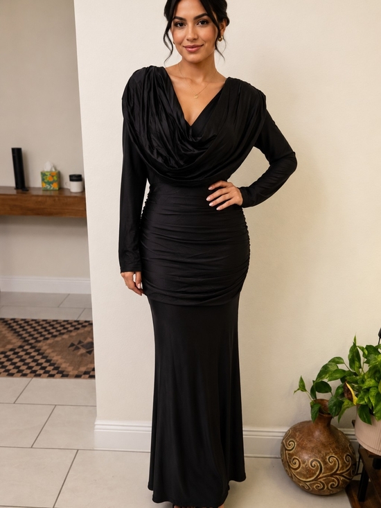 Chic Me Dresses & Skirts - Elegant Black Long-Sleeve Draped Cowl Maxi Dress